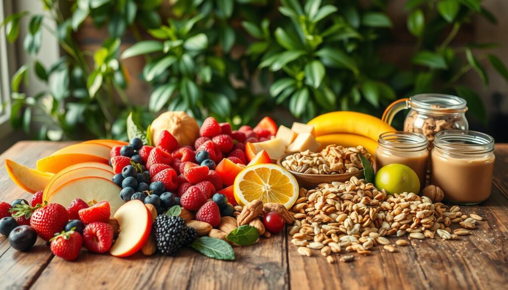 A bountiful spread of colorful, nutritious snacks graces a rustic wooden table, bathed in warm, natural lighting. In the foreground, a variety of fresh fruits, such as vibrant berries, crisp apple slices, and juicy citrus, are artfully arranged. In the middle ground, a selection of protein-rich options, including crunchy nuts, creamy nut butters, and nutritious seeds, are presented. In the background, a lush, verdant plant backdrop adds a touch of liveliness, complementing the earthy, wholesome atmosphere. The scene radiates a sense of balance, health, and the joy of mindful, HelFit-approved snacking.