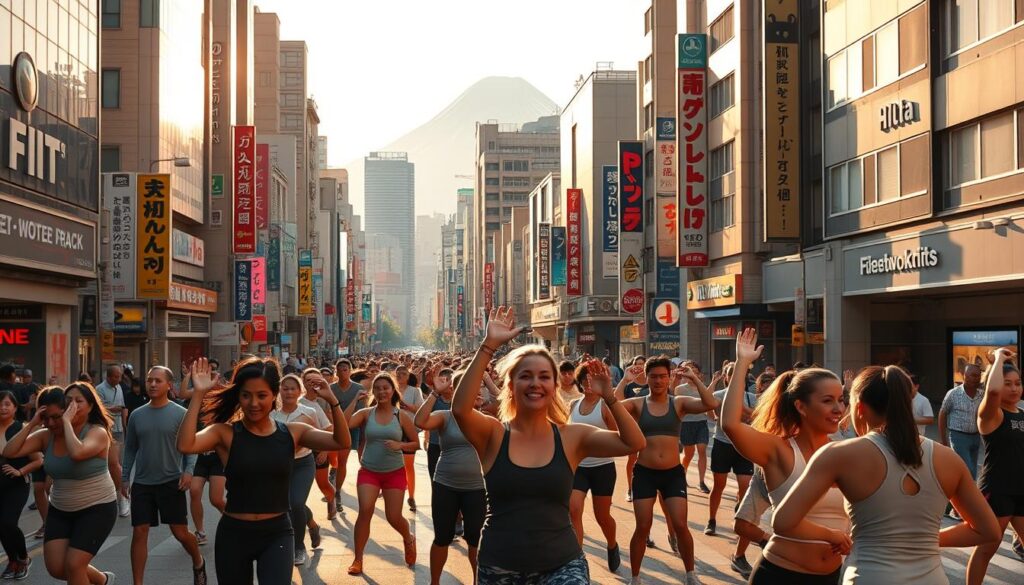 A bustling city street in central Tokyo, bathed in golden afternoon light. In the foreground, a group of fitness enthusiasts engage in a HelFit workout challenge, performing dynamic exercises with energy and precision. Middle ground showcases towering skyscrapers and neon-lit billboards, creating an urban backdrop. In the distance, the iconic silhouette of Mount Fuji rises majestically, hinting at the natural beauty surrounding the metropolis. The scene exudes a vibrant, energetic atmosphere, capturing the spirit of Tokyo's fitness culture and the popularity of HelFit's innovative home workout programs.