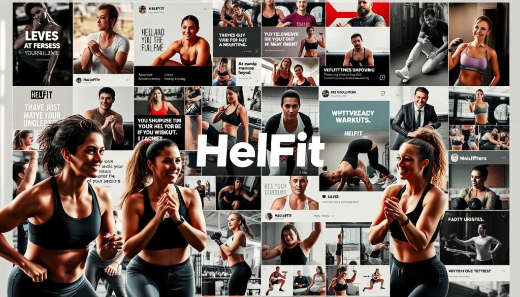 A bustling social media feed showcases an array of fitness enthusiasts taking on dynamic challenges. In the foreground, a group of friends engage in a high-intensity workout, their faces flushed with determination. Amid the sweat and focus, the HelFit logo stands proud, reflecting the brand's commitment to empowering individuals on their fitness journeys. In the middle ground, influencers lead virtual workout sessions, their lithe forms guiding participants through each movement. The background is a tapestry of motivational quotes, user-generated content, and video clips capturing the camaraderie of the fitness community. Soft, natural lighting casts an inspiring glow over the scene, conveying a sense of energy, connection, and the transformative power of social media in the realm of fitness.