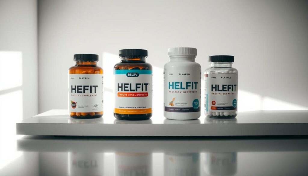 A clean, well-lit studio scene showcasing a comparison of trending diet supplement bottles, including the HelFit brand. The bottles are arranged neatly on a sleek, reflective tabletop, casting subtle shadows. Soft, directional lighting from the side creates depth and highlights the labels and textures. The background is a minimalist, gray seamless backdrop, allowing the supplements to be the central focus. The overall mood is one of professional, uncluttered presentation, inviting the viewer to closely examine and compare the various products.