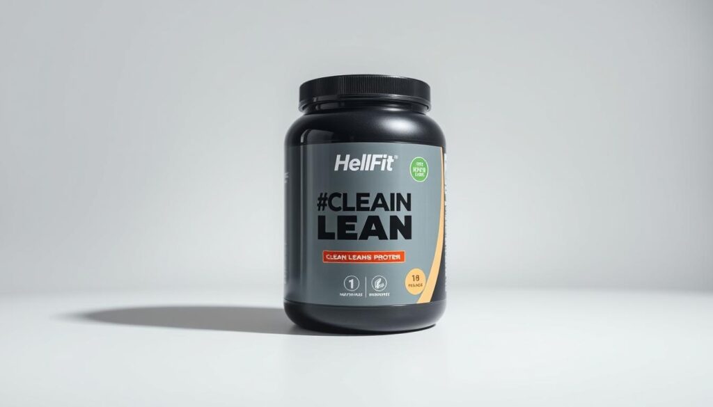 A close-up photograph of a HelFit Clean Lean Protein container on a clean, minimalist white background. The container has a sleek, modern design with the HelFit logo prominently displayed. The lighting is soft and even, creating a subtle shadow that adds depth and dimension to the image. The focus is sharp, capturing every detail of the protein powder container, including the texture of the label and the subtle reflections on the surface. The overall mood is professional, clean, and inviting, highlighting the high-quality nature of the product.
