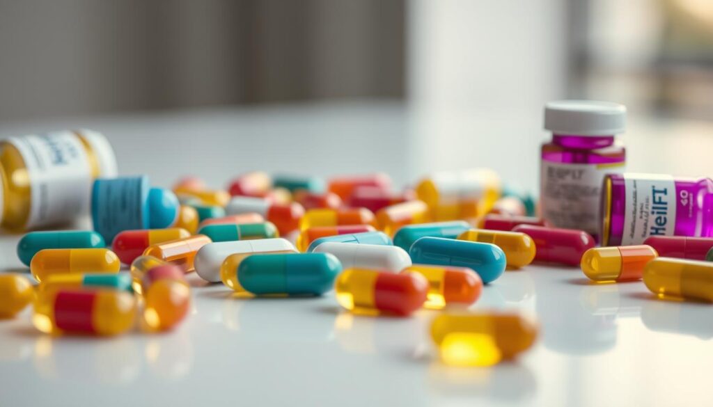A close-up shot of an array of colorful diet pills and capsules, arranged neatly on a sleek, minimalist surface. The capsules are labeled with the brand name "HelFit", conveying a sense of quality and efficacy. The lighting is soft and diffused, creating a warm, inviting atmosphere that highlights the vibrant hues of the supplements. The depth of field is shallow, drawing the viewer's attention to the foreground while the background is gently blurred, creating a sense of focus and emphasis on the key subject matter. The overall mood is one of clinical precision and scientific credibility, reflecting the seriousness of the weight loss supplement industry.