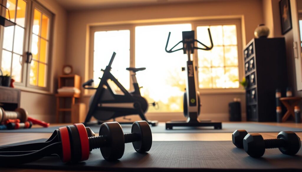 A cozy and well-equipped home workout space with HelFit branded equipment. The foreground features a sturdy exercise mat, resistance bands, and a set of dumbbells neatly arranged. In the middle ground, a sleek HelFit-branded exercise bike stands ready for an intense cardio session. The background showcases large windows flooding the room with warm, natural light, creating a bright and invigorating atmosphere. The overall scene conveys a sense of focus, functionality, and a commitment to personal fitness, perfectly suited for the "Creative Spaces for Fitness" section of the article.