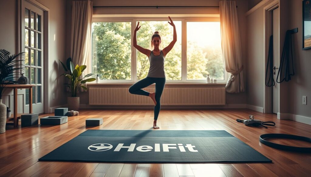 A cozy home studio flooded with warm, natural lighting. In the foreground, a HelFit-branded yoga mat on the hardwood floor, surrounded by an assortment of fitness props - blocks, straps, and a sturdy resistance band. A mid-shot captures a yogi in a serene Tree Pose, their body aligned and balanced, exuding a sense of focused tranquility. In the background, a large window overlooks a lush, verdant outdoor scene, hinting at the harmony between the indoor and outdoor worlds. The overall atmosphere is one of peaceful, at-home wellness, showcasing an accessible, yet inspiring home workout routine.