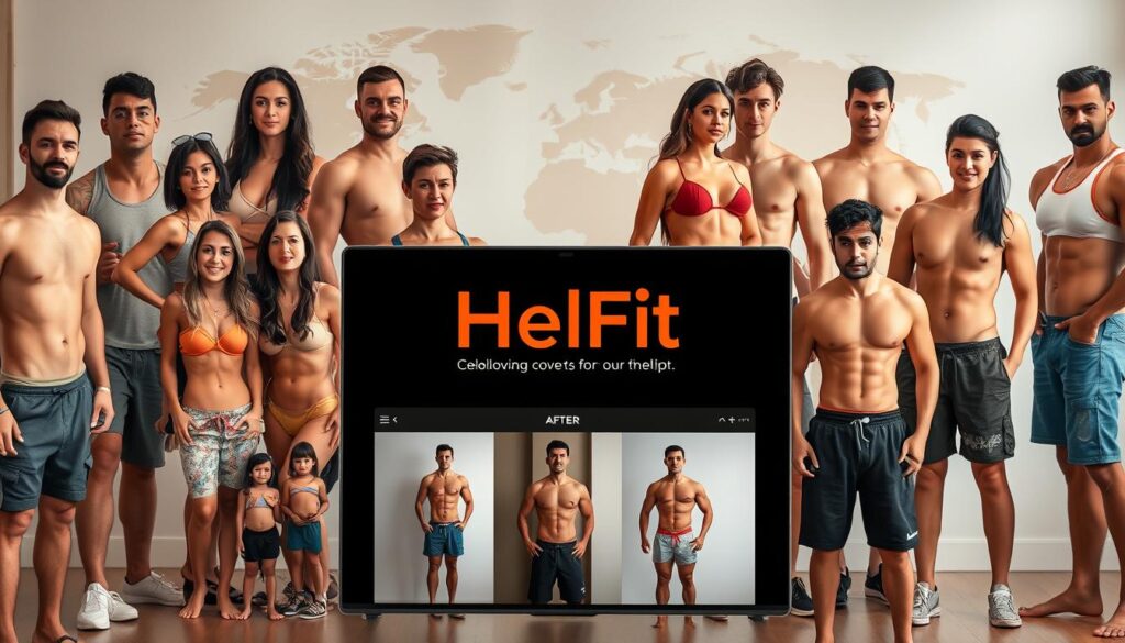 A diverse array of fit individuals from around the world, showcasing their remarkable body transformations. In the foreground, a HelFit-branded photo gallery displays a collage of people's inspiring before-and-after shots, captured in high-resolution, natural lighting. In the middle ground, a sleek, minimalist interface allows users to browse and interact with the transformations. The background features a stylized, global map, emphasizing the worldwide reach of these empowering stories. The overall atmosphere conveys a sense of achievement, positivity, and the power of personal growth.