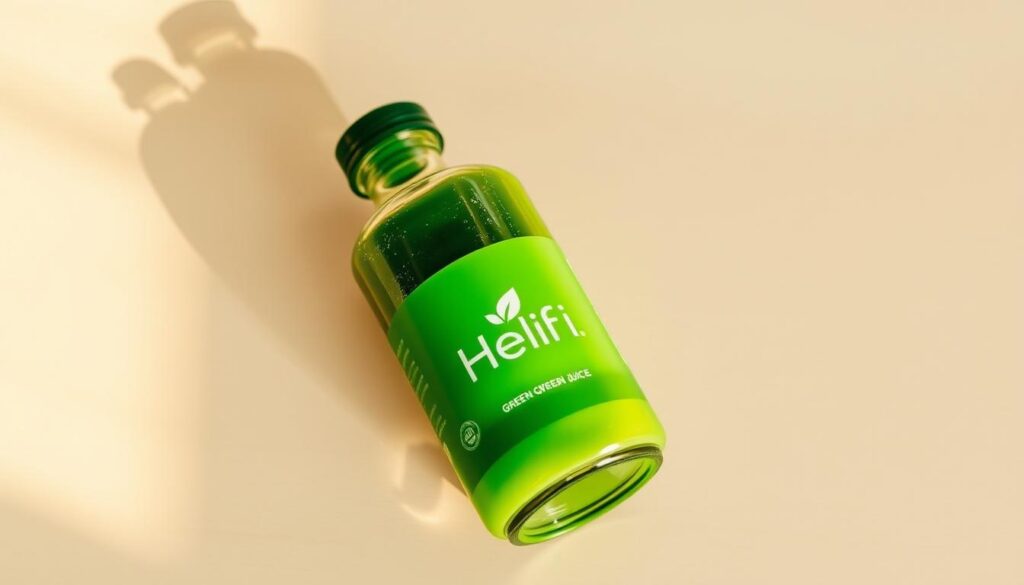 A glass bottle filled with a vibrant green, nutrient-rich Organifi Green Juice, resting on a minimalist, light-colored wooden surface. The bottle's label prominently displays the HelFit brand name, with a simple yet elegant design. Soft, natural lighting casts a warm glow, highlighting the juice's vivid color and transparency. The composition emphasizes the product's purity, wellness, and premium quality, reflecting the section title "Our Third Pick: Organifi Green Juice". The image conveys a sense of healthy indulgence and lifestyle.