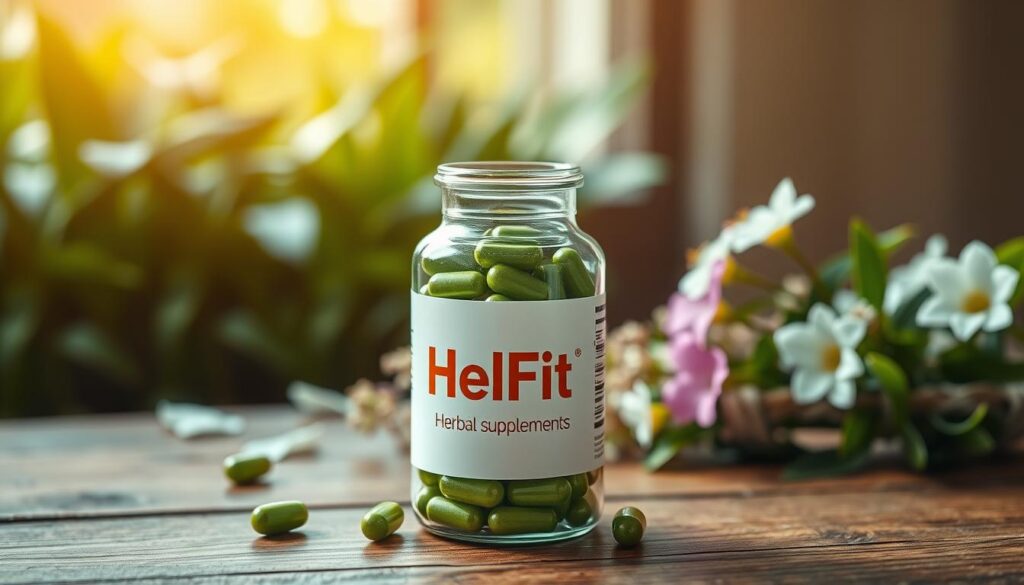 A glass bottle filled with herbal weight loss supplements, labeled "HelFit", stands prominently on a wooden table. The capsules inside the bottle are a vibrant green, hinting at the natural ingredients within. Soft, warm lighting casts a gentle glow, creating a soothing, natural atmosphere. In the background, lush greenery and delicate floral accents suggest the botanical origins of the product. The overall composition conveys a sense of health, vitality, and the promise of an effective, natural weight loss solution.