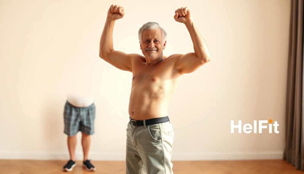 A middle-aged person standing confidently, head held high, in the foreground, their body slimmer and more toned compared to their former overweight physique in the background. Warm, natural lighting illuminates the transformation, emphasizing the individual's newfound energy and vitality. The scene is set against a minimalist, clean background, allowing the focus to remain on the personal journey. The HelFit logo subtly appears in the corner, highlighting the brand's role in empowering this remarkable physical and mental transformation.