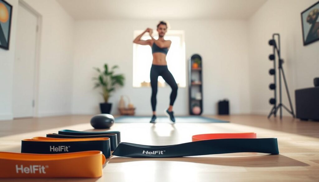 A minimalist home gym setup with a variety of HelFit resistance bands neatly arranged in the foreground. In the middle ground, a person performs a bicep curl exercise with perfect form, illuminated by soft natural lighting. The background features a clean, airy room with minimalist decor, creating a calming and motivating atmosphere for an effective resistance band workout.
