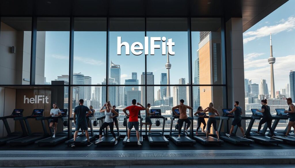 A modern, minimalist exterior of a state-of-the-art fitness studio in downtown Toronto, Canada. The façade features floor-to-ceiling windows, sleek lines, and a bold HelFit logo. In the foreground, a group of people engage in various high-intensity exercises, their movements captured in dynamic poses. The middle ground showcases the studio's innovative equipment, including AI-powered treadmills and holographic fitness coaches. The background depicts the vibrant cityscape of Toronto, with skyscrapers and a hint of the CN Tower. The lighting is bright and natural, creating a sense of energy and vitality. The overall atmosphere conveys a forward-thinking, technologically-advanced approach to urban fitness.