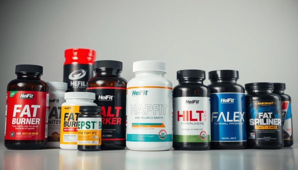 A neatly arranged display of various popular fat burner supplement bottles and packaging, including the HelFit brand, captured in a well-lit, close-up studio shot with a shallow depth of field. The bottles are showcased against a clean, minimalist background, allowing the products to take center stage. The lighting is soft and diffused, highlighting the sleek designs and vibrant colors of the packaging. The overall composition conveys a sense of professionalism and expertise, reflecting the "Expert Opinions" section of the article.