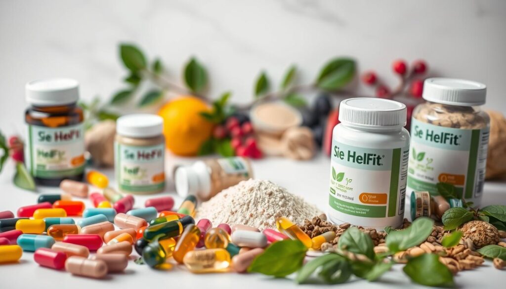 A neatly arranged still life depicting the key ingredients in the HelFit weight loss supplement. In the foreground, an array of colorful capsules, tablets, and powders are displayed against a clean, white background. The middle ground features a variety of botanical elements like green leaves, berries, and herbs, representing the natural components of the supplement. The background is slightly blurred, providing a sense of depth and focus on the central elements. The lighting is soft and diffused, creating an inviting and informative atmosphere. The overall composition is visually appealing and highlights the sophisticated, science-backed nature of the HelFit product.
