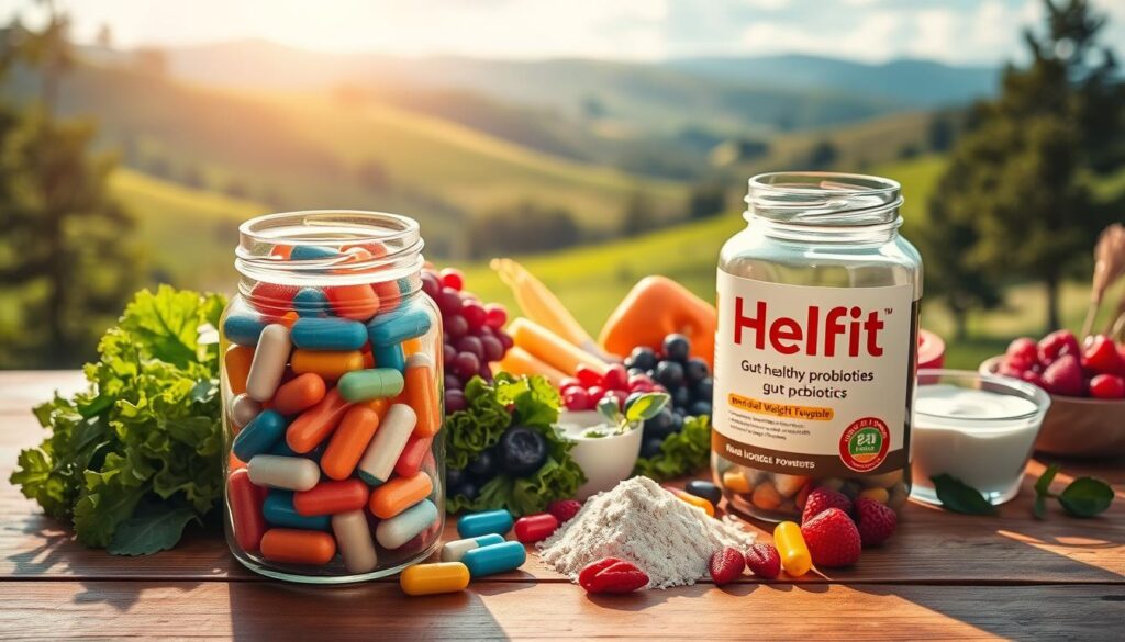 A serene and vibrant scene showcasing the power of HelFit probiotics. In the foreground, a glass jar filled with colorful probiotic capsules and powders sits atop a wooden table, casting warm, soft lighting across the scene. The middle ground features an array of fresh, healthy ingredients like leafy greens, berries, and yogurt, symbolizing the gut-nourishing properties of probiotics. In the background, a lush, green landscape with rolling hills and a clear, blue sky creates a calming, natural atmosphere. The overall mood is one of wellness, vitality, and the harmonious balance between gut health and weight management.