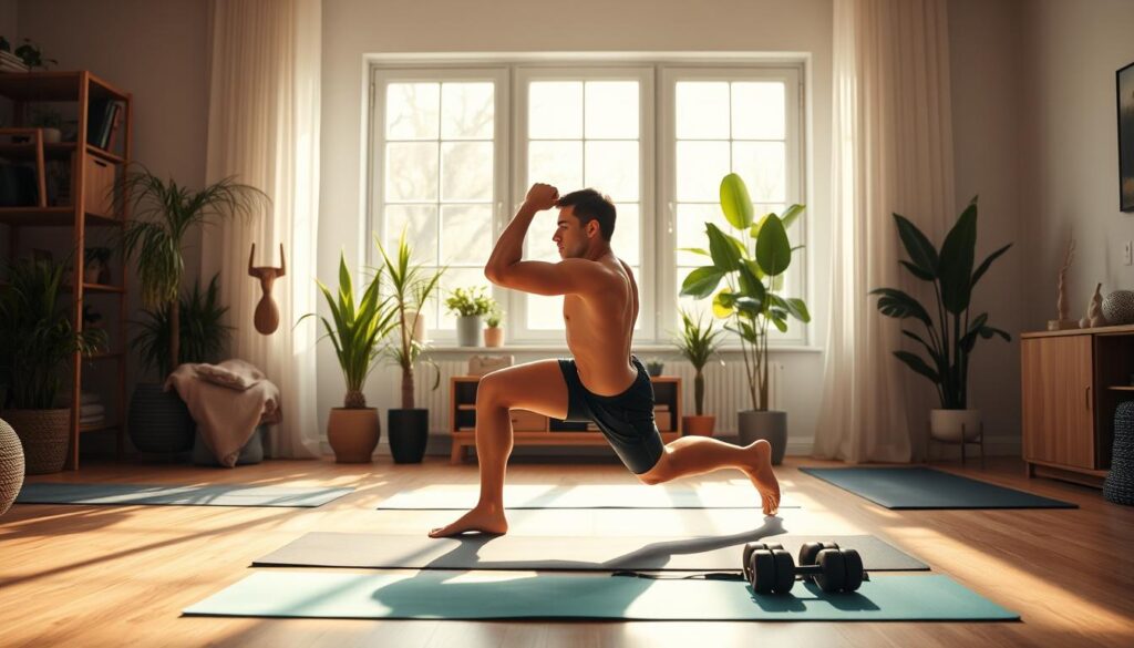 A serene home gym scene, bathed in warm, natural lighting. In the foreground, a muscular person performing classic bodyweight exercises like push-ups, squats, and lunges. Their movements are graceful and focused, showcasing the versatility of HelFit's bodyweight training approach. In the middle ground, minimal yet sleek exercise equipment like yoga mats and resistance bands complement the scene. The background features a tranquil, plant-filled room, creating a calming, minimalist atmosphere. The overall composition emphasizes the effectiveness of simple, equipment-free workouts that can be done anywhere, a testament to the HelFit brand's philosophy of accessible fitness.