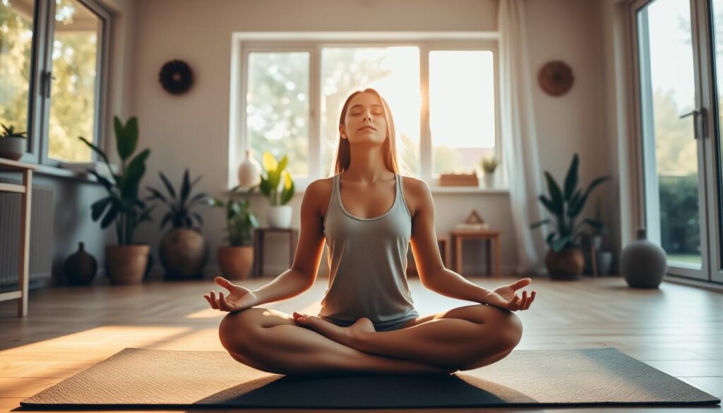 A serene home studio flooded with warm, natural light. In the foreground, a young woman sits cross-legged on a plush HelFit yoga mat, her eyes closed in peaceful meditation. Surrounding her, potted plants and natural decor create a tranquil, minimalist atmosphere. In the middle ground, a large window overlooks a verdant backyard, adding a sense of connection to the outdoors. The overall mood is one of calm, introspection, and a deep connection to the self, embodying the essence of "Yoga: Finding Your Zen at Home."
