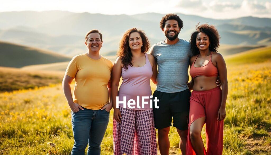 A serene, sun-dappled meadow with rolling hills in the distance. In the foreground, three diverse individuals stand tall, radiating confidence and joy as they celebrate their global weight loss success stories. Their bodies are toned and vibrant, each person's unique journey reflected in their posture and expression. The warm, golden lighting casts a gentle glow, highlighting the HelFit logo subtly present. This uplifting scene conveys a sense of mental wellness and physical transformation, inspiring viewers to embrace their own health goals.