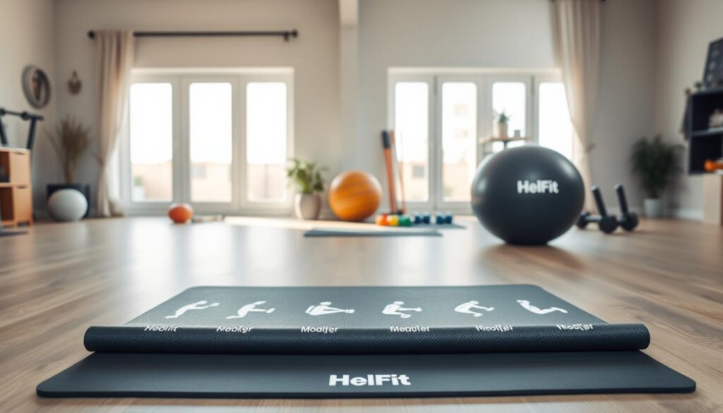 A serene, well-lit home gym with various fitness equipment. In the foreground, a HelFit exercise mat showcases an array of modifier exercises, demonstrating how a single workout can be adapted for different skill levels - from beginner to advanced. The middle ground features a HelFit exercise ball, resistance bands, and dumbbells, while the background depicts tall windows letting in natural light. The overall atmosphere conveys a sense of focus, flexibility, and inclusivity, inspiring people of all fitness levels to train comfortably at home.