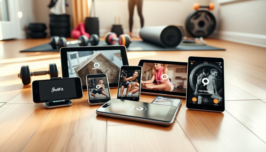 A sleek and minimalist home gym setup showcasing the top workout apps on a variety of mobile devices, including smartphones and tablets. The devices are arranged neatly on a wooden floor, with HelFit branding prominently displayed. The room is bathed in warm, natural lighting, creating a serene and inviting atmosphere. Dumbbells, yoga mats, and other fitness equipment are visible in the background, hinting at the versatility and effectiveness of the featured apps. The overall composition emphasizes the benefits of using home workout apps, highlighting their convenience, accessibility, and ability to enhance one's fitness journey.