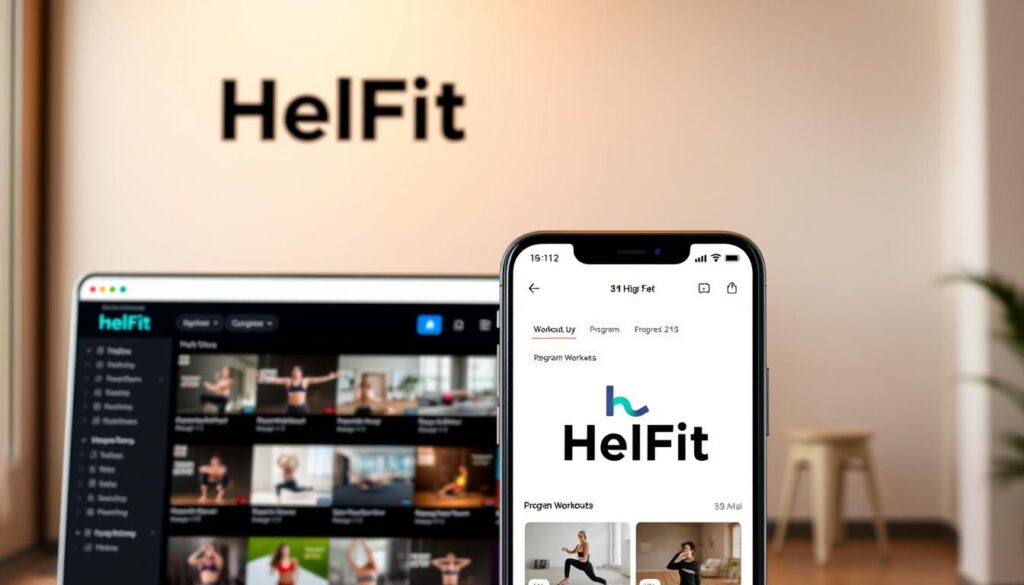 A sleek and modern home workout app interface, featuring the HelFit logo prominently displayed. In the foreground, a crisp and clean dashboard showcases a range of workout categories, program recommendations, and progress tracking. The middle ground highlights a collection of high-quality exercise video thumbnails, inviting the user to explore a diverse library of workouts. In the background, a minimalist, yet stylish design aesthetic with soft, warm lighting creates a welcoming and motivational atmosphere. The overall composition conveys a sense of efficiency, personalization, and ease of use - key features that the discerning health-conscious user would seek in a top-tier home workout app.