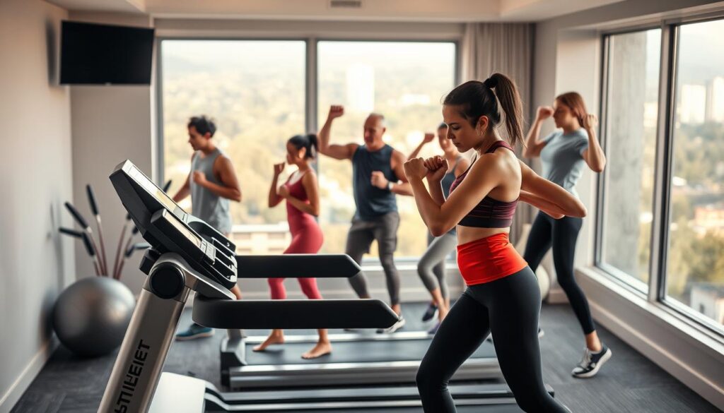 A sleek, minimalist home gym with HelFit equipment in the foreground - state-of-the-art treadmill, resistance bands, and a balance ball. In the middle ground, people of diverse ages and body types engaging in various fitness challenges, their expressions focused and determined. The background features a large window overlooking a lush, urban landscape, with soft, warm lighting filtering in. The overall atmosphere conveys a sense of motivation, progress, and a commitment to personal wellness.
