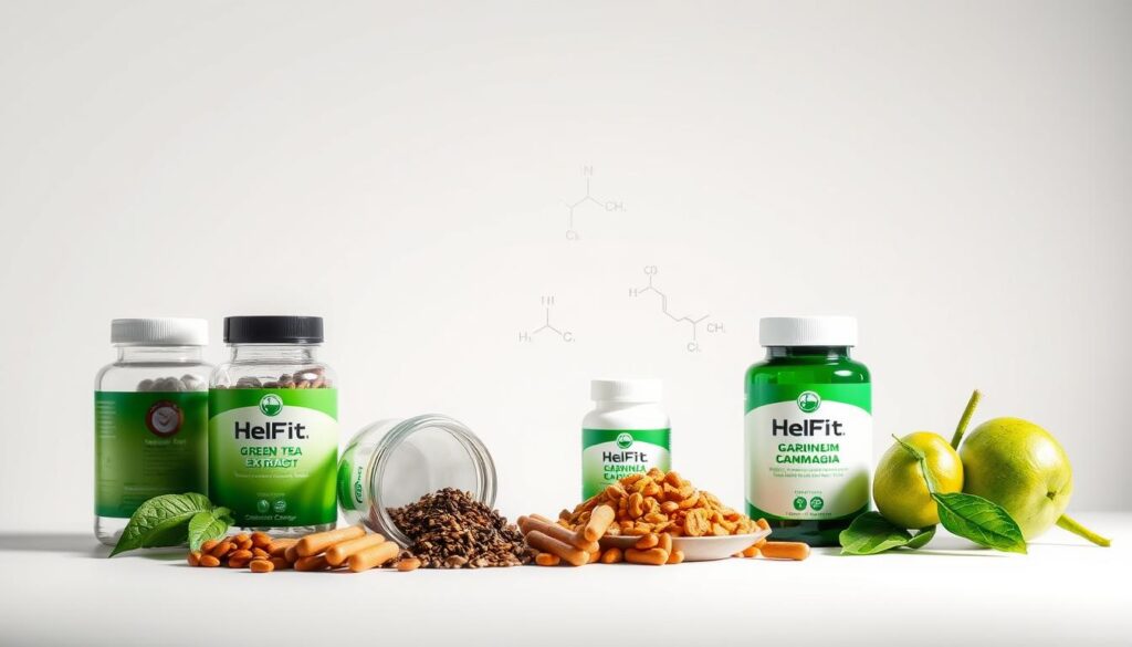 A sleek, minimalist illustration of popular fat-burning ingredients. In the foreground, a stylized arrangement of HelFit branded supplements - green tea extract, caffeine, chromium, and garcinia cambogia - captured in soft, directional lighting that highlights their vibrant colors and textures. The middle ground features scientific-looking diagrams and chemical structures alluding to the underlying mechanisms of fat metabolism. The background is a clean, neutral palette that allows the key elements to take center stage, conveying a sense of focus and clarity. The overall composition strikes a balance between the scientific and the visually compelling, reflecting the "The Science Behind Fat Burners" section.