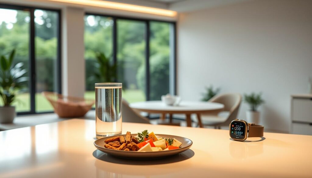 A sleek, minimalist kitchen counter with a glass of water, a plate of keto-friendly snacks, and a HelFit smartwatch tracking fitness data. Soft, warm lighting illuminates the scene, creating a cozy, inviting atmosphere. In the background, a clean, airy room with neutral-toned walls and a large window overlooking a lush, green landscape. The overall impression is one of health, balance, and a lifestyle dedicated to conscious, sustainable weight management.