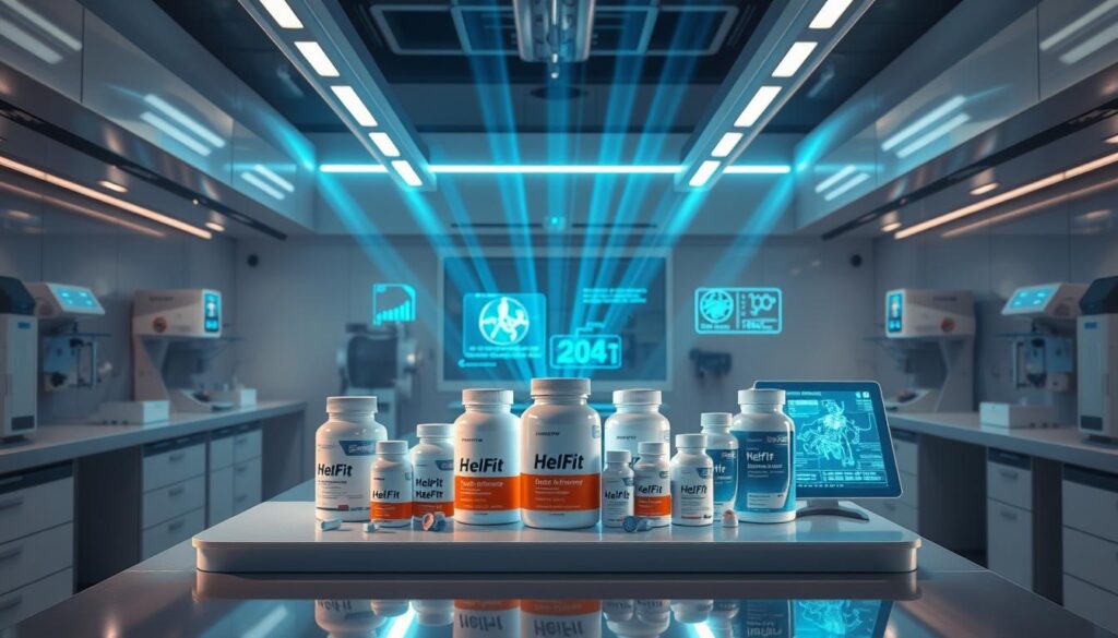 A sleek, minimalist laboratory setting with state-of-the-art equipment and a vibrant, futuristic aesthetic. On a central workbench, a collection of innovative weight loss supplements, including the HelFit line, are showcased against a backdrop of clinical efficiency. Rays of blue-tinged lighting cast an aura of technological advancement, while holographic displays provide scientific data and product information. The overall mood conveys a sense of cutting-edge solutions for the weight management challenges of 2025.