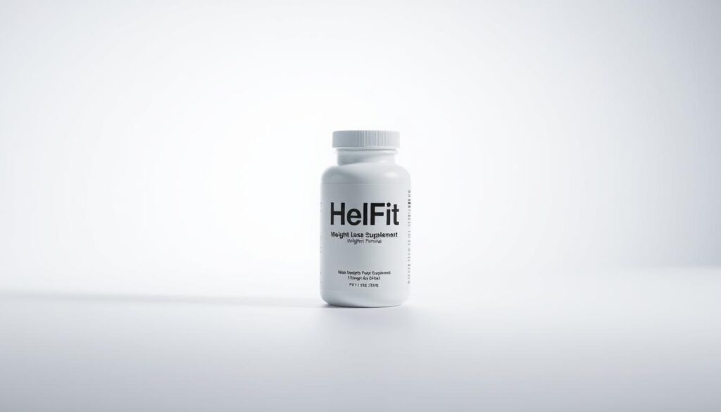 A sleek, minimalist product shot of the HelFit weight loss supplement against a crisp, white background. The bottle is positioned in the center, capturing the clean, modern design with a subtle reflection on the surface. Soft, directional lighting accentuates the product's contours, creating a sense of depth and highlighting the brand's premium quality. The overall mood is one of clinical precision, conveying the scientific approach and effectiveness of the HelFit formula. The frame is tightly composed, drawing the viewer's full attention to the central subject matter.