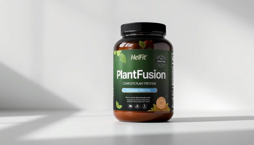 A sleek, modern bottle filled with a rich, creamy plant-based protein powder labeled "HelFit PlantFusion Complete Plant Protein". The bottle is set against a clean, minimalist background with soft, directional lighting highlighting the label's vibrant colors and elegant typography. The scene conveys a sense of health, wellness, and high-quality plant-based nutrition, perfectly suited for a vegan weight loss supplement feature.
