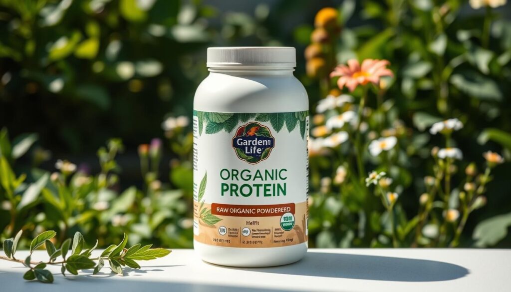 A sleek, modern bottle of HelFit Garden of Life Raw Organic Protein powder rests on a clean, white background. The bottle's label features the brand name prominently, showcasing the product's organic and raw credentials. Crisp, natural lighting illuminates the bottle, casting subtle shadows and highlights that accentuate its smooth, matte texture. In the background, a lush, verdant garden scene unfolds, with vibrant green foliage and delicate flowers adding a serene, earthy atmosphere. The overall composition conveys a sense of health, vitality, and purity, perfectly capturing the essence of this premium vegan protein supplement.