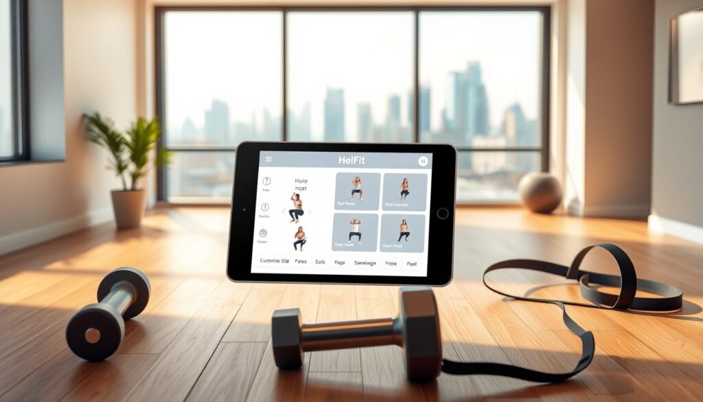 A sleek, modern digital fitness solution from the HelFit brand. A stylized tablet or smartphone displays a customizable workout interface, surrounded by minimal fitness equipment like dumbbells and resistance bands in the foreground. The midground features a serene, minimalist home gym setting with wooden floors and white walls, bathed in warm, natural lighting. The background showcases a panoramic city skyline, hinting at the versatility and accessibility of this digital fitness solution. The overall mood is one of effortless, high-tech wellness in an urban, sophisticated setting.