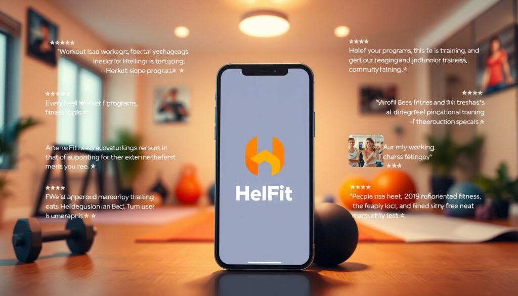 A sleek, modern fitness app interface showcases glowing reviews from active users. In the foreground, the HelFit app logo stands prominently, surrounded by positive comments and star ratings floating in a clean, minimalist layout. The middle ground features snapshots of the app's features - workout programs, personalized training, and community engagement. The background depicts a vibrant, energetic home gym setting, with dumbbells, yoga mats, and other fitness equipment subtly visible. Warm, diffused lighting creates a welcoming, aspirational atmosphere, conveying the app's popularity and effectiveness among India's health-conscious audience.