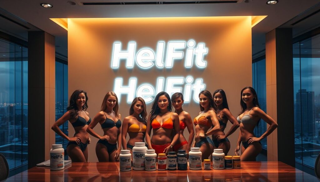 A sleek, modern office setting with a large, illuminated HelFit logo prominently displayed on the wall. In the foreground, a group of attractive, diverse models pose confidently, showcasing toned, healthy physiques. Subtle product placements of HelFit supplements are strategically placed throughout the scene. The lighting is warm and inviting, creating a sense of wellness and vitality. The background features a panoramic city skyline, conveying a sense of global reach and influence. The overall atmosphere exudes an air of authority, professionalism, and the promise of transformative results.