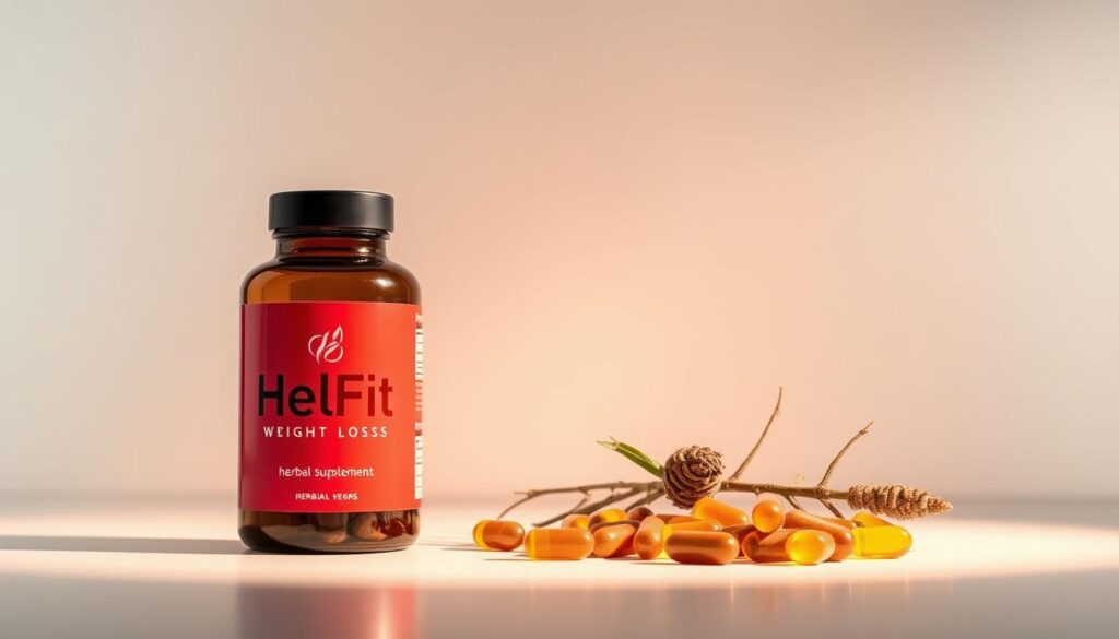 A stylish, well-lit still life showcasing the HelFit weight loss supplements. In the foreground, a sleek, modern bottle with the HelFit logo prominently displayed, accompanied by a collection of complementary herbal capsules, conveying a sense of efficacy and scientific rigor. The middle ground features a clean, minimalist backdrop, allowing the supplements to take center stage. Subtle, warm lighting casts a gentle glow, creating an atmosphere of health and wellness. The overall composition exudes a sense of professionalism and trust, hinting at the reliable, effective nature of the HelFit weight loss aids.