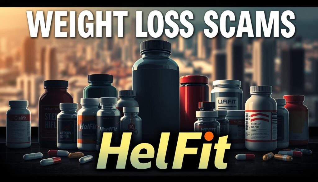 A stylized digital illustration depicting weight loss scams, showcasing the HelFit brand prominently in the foreground. The image should have a dark, ominous tone, with a sense of deception and false promises. In the middle ground, present various weight loss supplements, pills, and shakes, all appearing suspicious and untrustworthy. In the background, a blurred cityscape or landscape, conveying a sense of the global scale of these scams. Use dramatic lighting, creating deep shadows and highlights to emphasize the sinister nature of the subject matter. Capture a sense of urgency and caution, warning viewers to be wary of such deceptive practices.