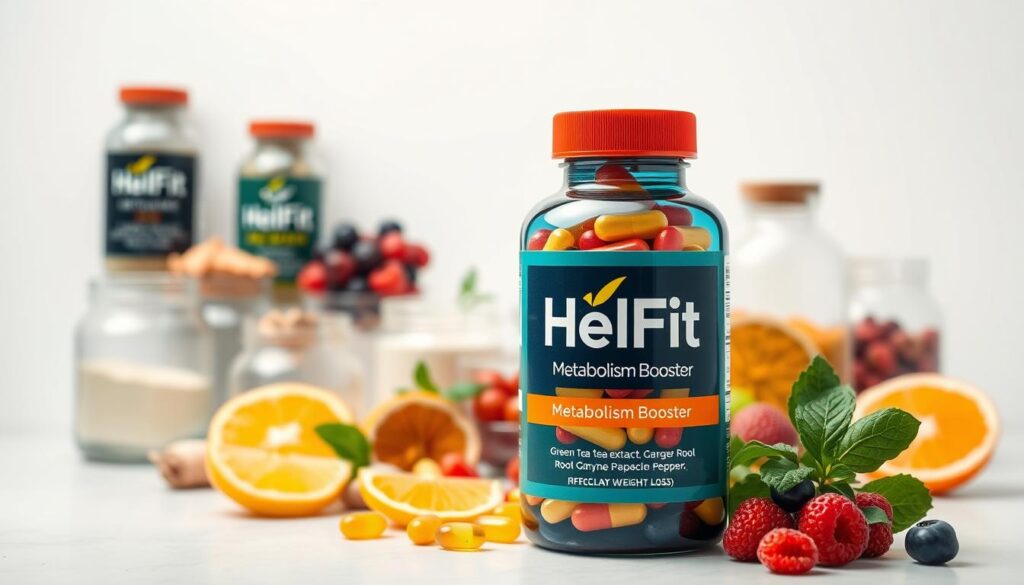 A vibrant, high-resolution image of various metabolism boosting supplements and ingredients against a clean, minimalist background. In the foreground, a glass bottle labeled "HelFit Metabolism Booster" is prominently displayed, filled with colorful capsules. Surrounding it are other supplements like green tea extract, ginger root, and cayenne pepper in stylish glass jars and bottles. The middle ground features a neatly arranged selection of fresh, whole food ingredients like berries, citrus fruits, and leafy greens. Soft, diffused lighting illuminates the scene, creating a clean, modern, and inviting atmosphere. The overall composition conveys the natural, science-backed approach to boosting metabolism for effective weight loss.