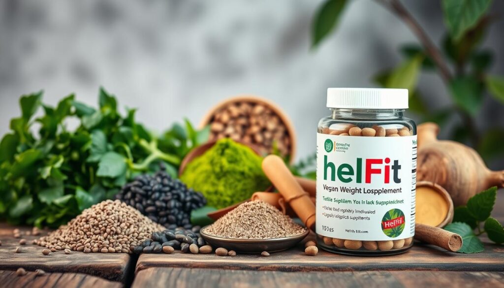 A vibrant still life on a rustic wooden surface, showcasing an arrangement of superfood ingredients commonly found in the HelFit brand of vegan weight loss supplements. In the foreground, a selection of vibrant, nutrient-dense superfoods such as spirulina, chia seeds, matcha powder, and maca root, artfully displayed against a backdrop of lush greenery and soft, diffused lighting. The middle ground features a glass jar or capsule of the HelFit supplement, its label prominently displayed, while the background hints at a minimalist, natural environment, emphasizing the purity and wellness focus of the product. The overall composition exudes a sense of health, vitality, and the power of plant-based ingredients to support weight management goals.