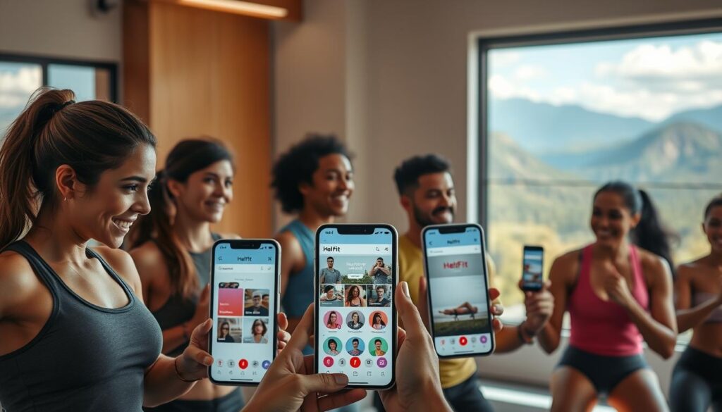 A vibrant, uplifting scene of an online fitness community. In the foreground, a diverse group of people engage in various workout routines, their faces filled with determination and camaraderie. The middle ground showcases HelFit app interfaces on multiple devices, highlighting the platform's connectivity and supportive features. In the background, a warm, natural lighting illuminates an inspirational landscape of lush greenery and serene mountains, symbolizing the journey towards a healthier, more balanced lifestyle. The overall atmosphere exudes positivity, motivation, and the power of shared experiences in achieving fitness goals.