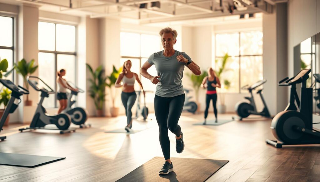 A vibrant virtual fitness studio with HelFit branding, a welcoming and motivating atmosphere. In the foreground, an instructor leads a dynamic HIIT class, their movements captured mid-stride against a blurred background of participants working out on various cardio and strength-training equipment. Warm, natural lighting filters through large windows, casting a soft glow on the scene. The middle ground features sleek, minimalist exercise machines and yoga mats arranged in an inviting layout. The background showcases a serene, plant-filled space with clean, modern decor, creating a sense of tranquility and wellness.