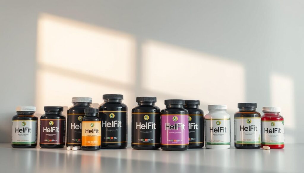 A well-lit arrangement of various health supplement bottles labeled "HelFit" against a clean, minimalist background. The bottles are neatly arranged, showcasing their sleek, modern designs. The lighting casts subtle shadows, adding depth and dimension to the scene. The overall atmosphere conveys a sense of professionalism and trustworthiness, hinting at the effectiveness and quality of the supplements. The focus is on the products themselves, allowing the viewer to examine them closely and imagine the potential results they could achieve.
