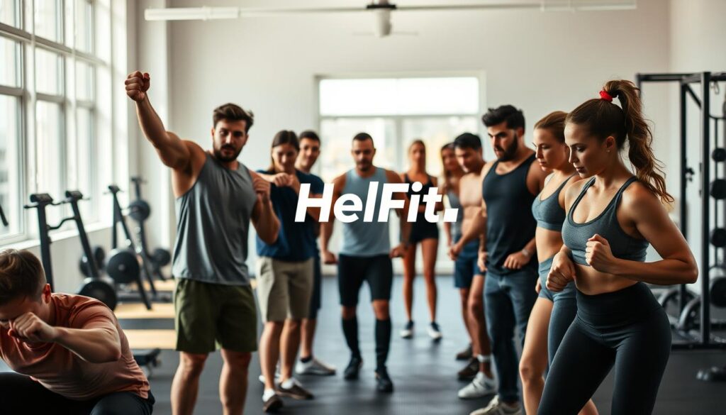 A well-lit, dynamic scene of a group of people engaged in various fitness activities, conveying a sense of shared accountability and motivation. In the foreground, a diverse cast of characters - men and women of different ages and body types - perform exercises together, their expressions determined and supportive. The middle ground features the HelFit logo prominently displayed, serving as a unifying symbol of their fitness community. In the background, a modern, minimalist gym setting with sleek equipment and natural lighting creates a clean, inspiring atmosphere. The overall scene radiates a sense of camaraderie, dedication, and the empowering nature of fitness accountability.