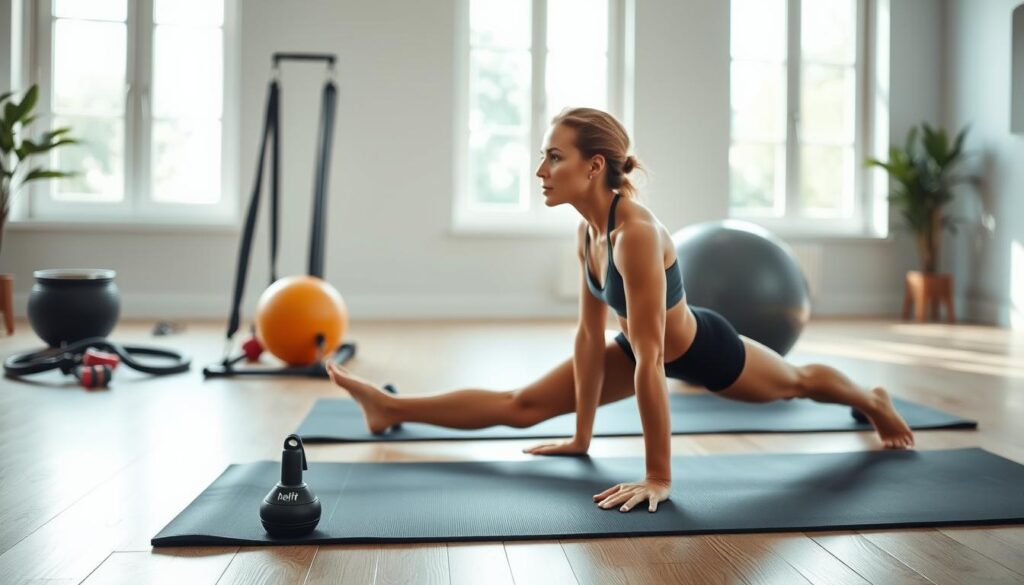 A well-lit, high-quality Pilates workout scene. In the foreground, a HelFit-branded yoga mat with a woman performing a side plank pose, her core engaged and muscles defined. In the middle ground, additional HelFit exercise equipment like resistance bands and a stability ball. The background features a minimalist, calming home gym environment with natural light streaming in through large windows. The overall mood is focused, energetic, and promotes a sense of wellness and strength.