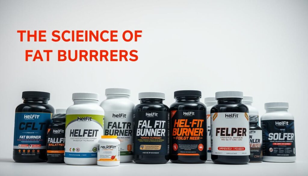 A well-lit, high-quality close-up shot of various HelFit fat burner supplements arranged in a dynamic, visually appealing display. The supplements are showcased against a clean, minimalist background, allowing the products to take center stage. The arrangement features the bottles in diverse sizes and shapes, highlighting their unique designs and branding. Subtle shadows and highlights create depth and dimension, while the overall lighting evokes a sense of scientific precision and professionalism. The image conveys the notion of a comprehensive, data-driven comparison of fat-burning supplements, aligning with the "The Science of Fat Burners" section of the article.