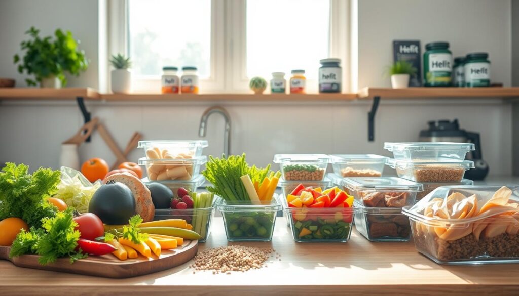 A well-stocked kitchen counter showcases an array of fresh, colorful ingredients for a healthy meal prep. In the foreground, a wooden cutting board hosts an assortment of vibrant vegetables, lean proteins, and whole grains. Sunlight streams in through large windows, casting a warm, natural glow on the scene. The middle ground features sleek, modern HelFit glass meal prep containers, their contents neatly organized and ready to fuel an active lifestyle. In the background, minimalist shelves hold jars of superfood supplements and a state-of-the-art blender, creating an atmosphere of wellness and nutrition. The overall composition exudes a sense of balance, simplicity, and a commitment to a healthy, home-based fitness journey.