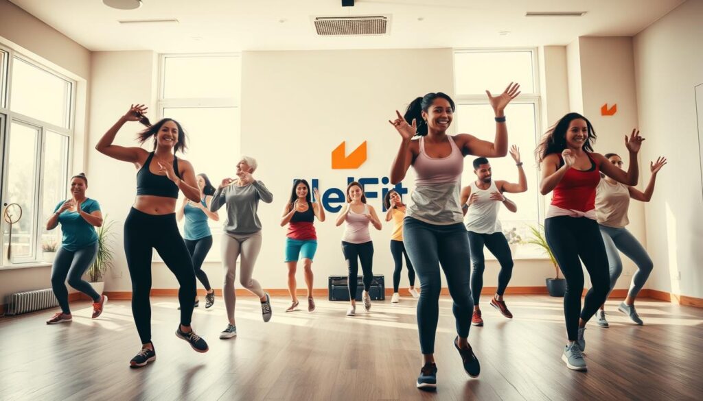 Prompt A vibrant, high-energy dance workout scene in a modern, well-lit home gym. In the foreground, a diverse group of people energetically dancing to upbeat music, their movements graceful and synchronized. In the middle ground, the HelFit logo is prominently displayed on the wall, complementing the lively atmosphere. The background features large windows flooding the space with natural light, creating a warm and inviting ambiance. The overall mood is one of joy, motivation, and a sense of community as the participants groove their way to fitness.