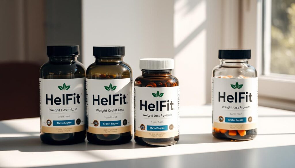 Sleek glass bottles filled with HelFit weight loss supplements, casting soft shadows on a clean, minimalist table. Natural lighting filters through a window, creating a warm, inviting atmosphere. The labels prominently display the HelFit brand name, showcasing the supplements' premium quality and efficacy. The arrangement suggests a sense of trust, health, and personal empowerment, mirroring the section's focus on individual experiences with these products. A serene, lifestyle-focused composition that captures the essence of the article's subject matter.