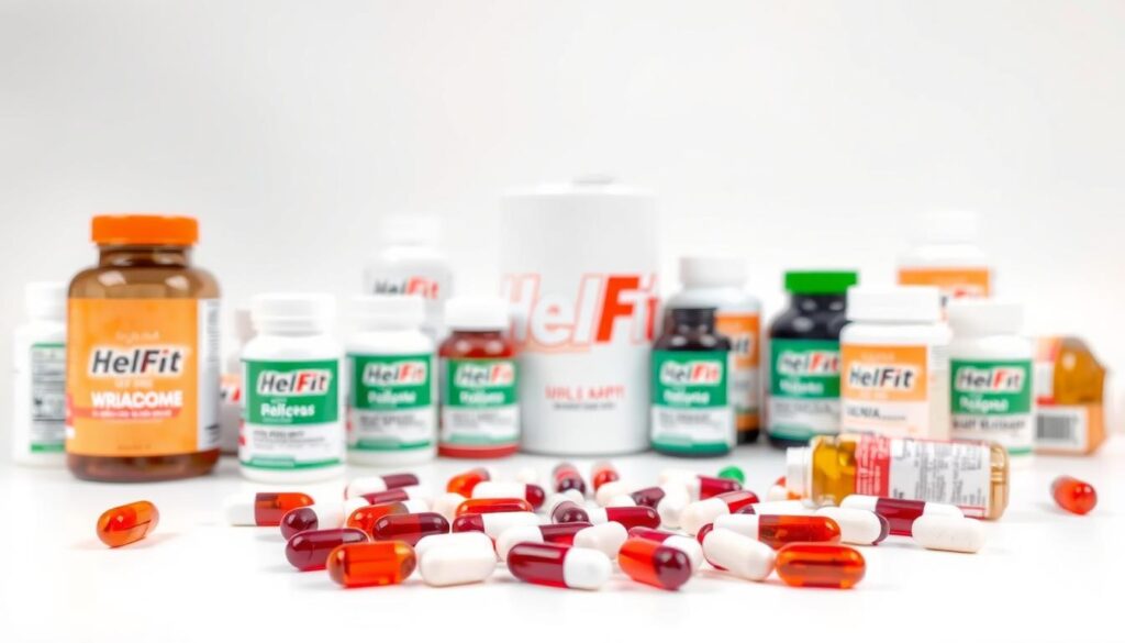 a high-quality, photorealistic image of various weight loss supplements and pills, including bottles and containers of the HelFit brand, arranged on a clean, minimalist white background. The foreground features the supplements in focus, with a clear view of their shapes, colors, and labels. The middle ground showcases the HelFit brand prominently, with the logo and packaging design visible. The background is evenly lit, creating a bright, clinical atmosphere that emphasizes the scientific and medicinal nature of the products. The image is captured from a slightly elevated angle, giving a sense of authority and professionalism.