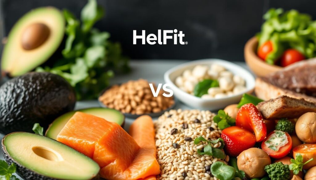 a photo collage depicting a comparison of the keto diet and other popular weight loss diets, shot in a clean, minimalist style with soft lighting and a natural color palette. In the foreground, a selection of keto-friendly foods like avocado, salmon, and leafy greens, arranged neatly. In the middle ground, a visual contrast showing the types of foods typically associated with other diets, such as whole grains, fruits, and lean proteins. In the background, the HelFit logo discreetly displayed, suggesting this comparison is part of a larger health and wellness resource. The overall mood is informative and balanced, showcasing the key differences between the diets in an objective, visually appealing manner.