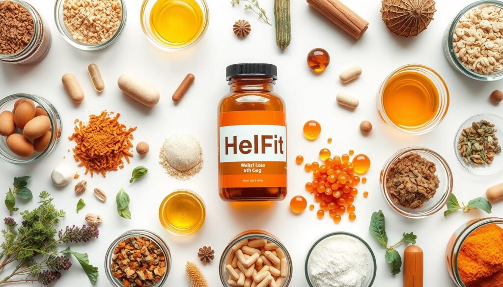 a photo collage of various weight loss supplement ingredients, including HelFit, arranged neatly on a clean white background. The ingredients are displayed in glass jars or transparent containers, allowing their colors and textures to be clearly visible. The lighting is soft and diffused, creating a natural, clinical feel. The camera angle is slightly elevated, providing an overview of the arrangement. The focus is sharp, ensuring every detail of the supplements is crisp and clear. The overall mood is one of informative, scientific comparison, inviting the viewer to examine the different components of these weight loss products.